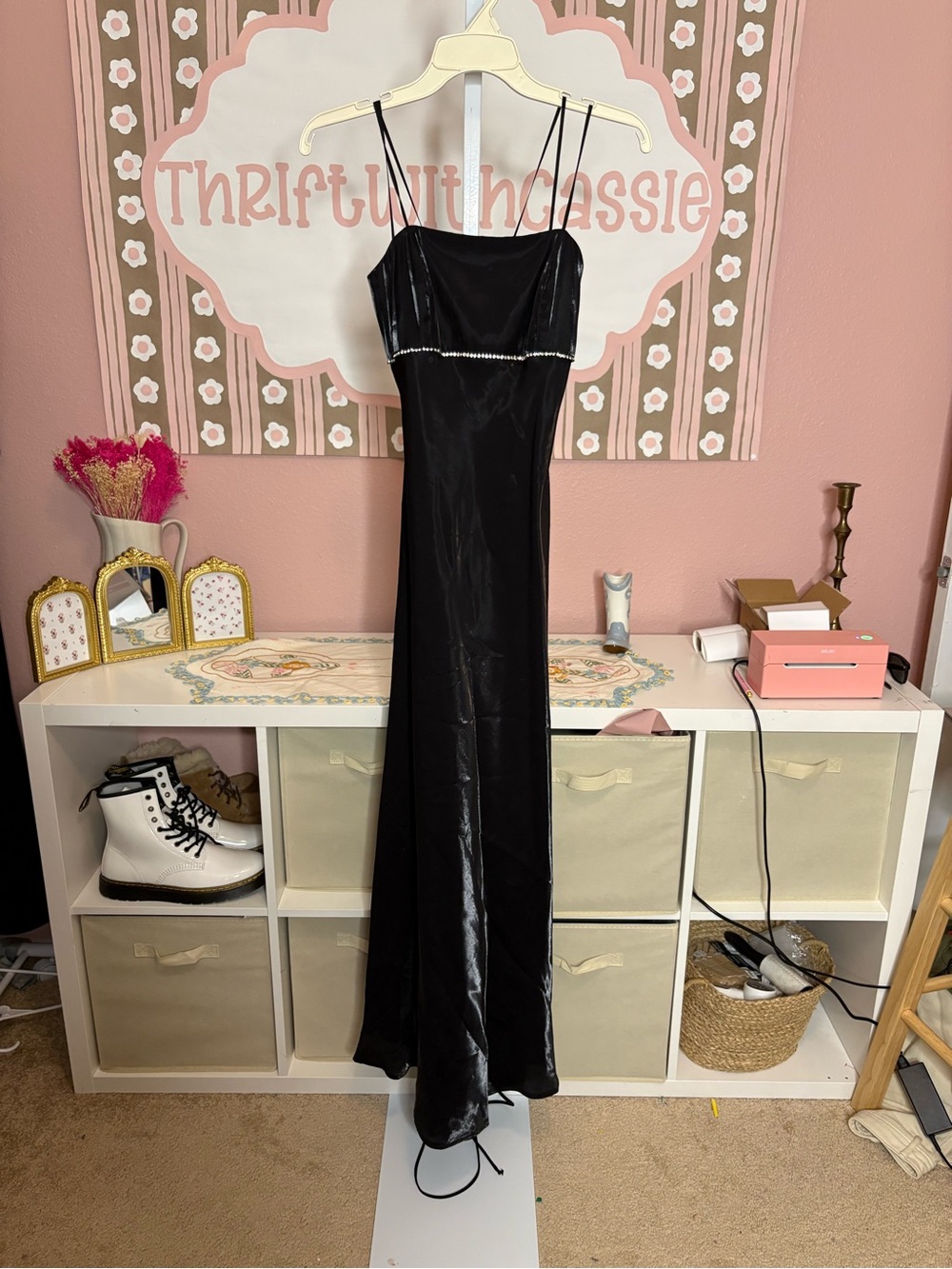 Vintage Cache Black Satin Slip Evening Dress with Spaghetti Straps